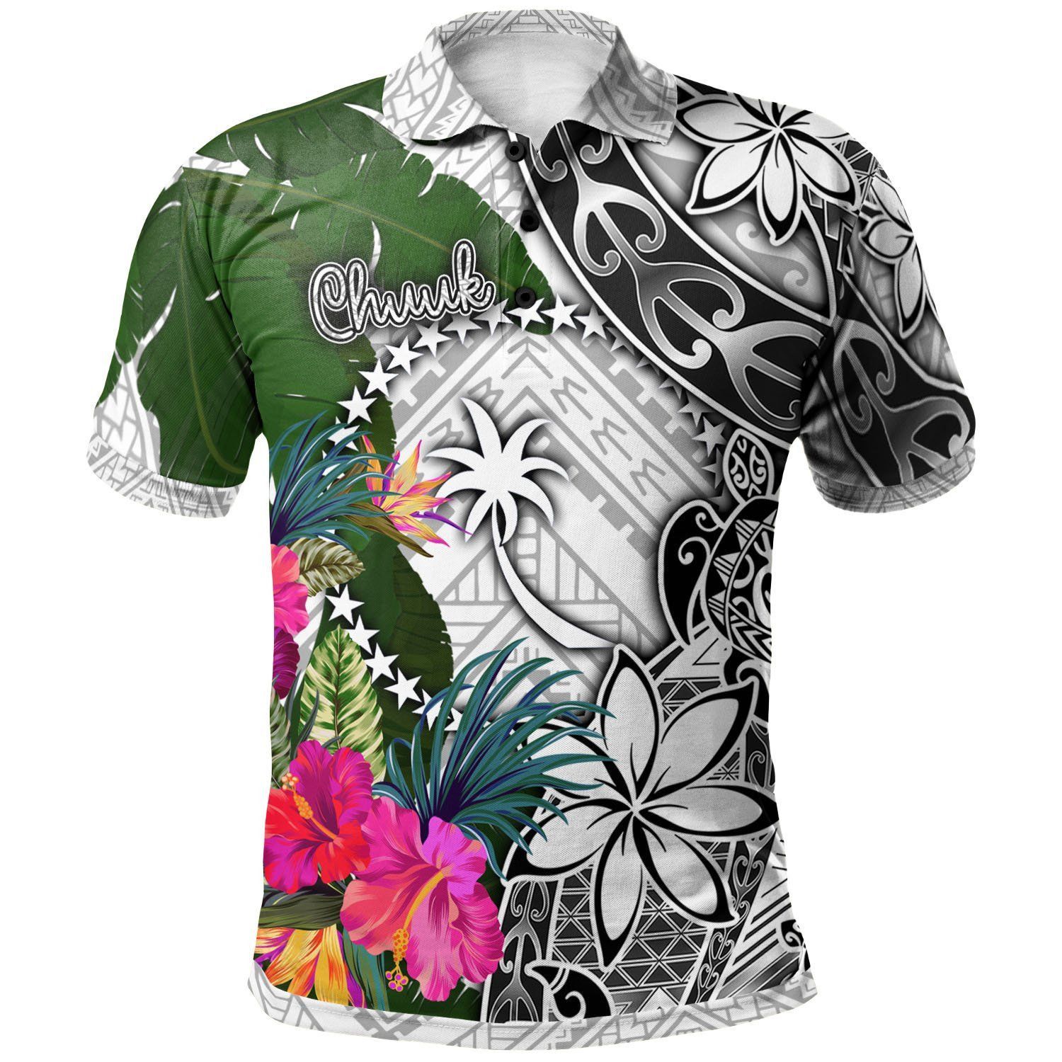 Chuuk Polo Shirt White - Turtle Plumeria Banana Leaf - BN11 Chuuk Polo Shirt White - Turtle Plumeria Banana Leaf - BN11