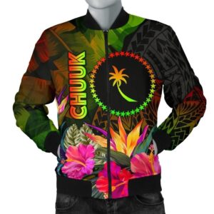 Chuuk Polynesian Men's Bomber Jacket -  Hibiscus and Banana Leaves - BN15 Bomber Jacket