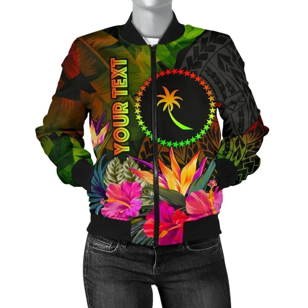 Chuuk Polynesian Personalised Women's Bomber Jacket - Hibiscus and Banana Leaves - BN15 Bomber Jacket Chuuk Polynesian Personalised Women's Bomber Jacket - Hibiscus and Banana Leaves - BN15 Bomber Jacket