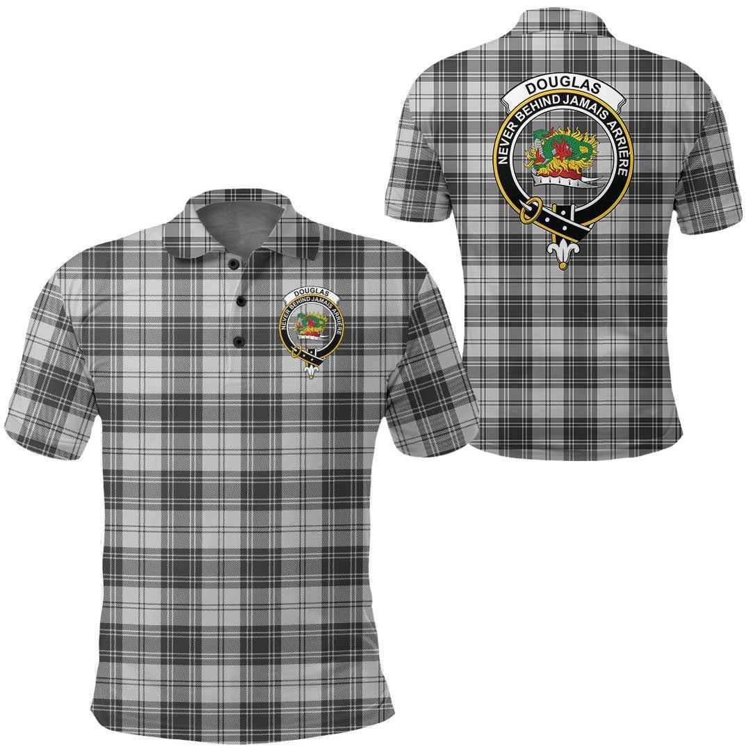 Clothing - Douglas Grey Modern Clan Tartan Crest Polo Shirt A7 Clothing - Douglas Grey Modern Clan Tartan Crest Polo Shirt A7