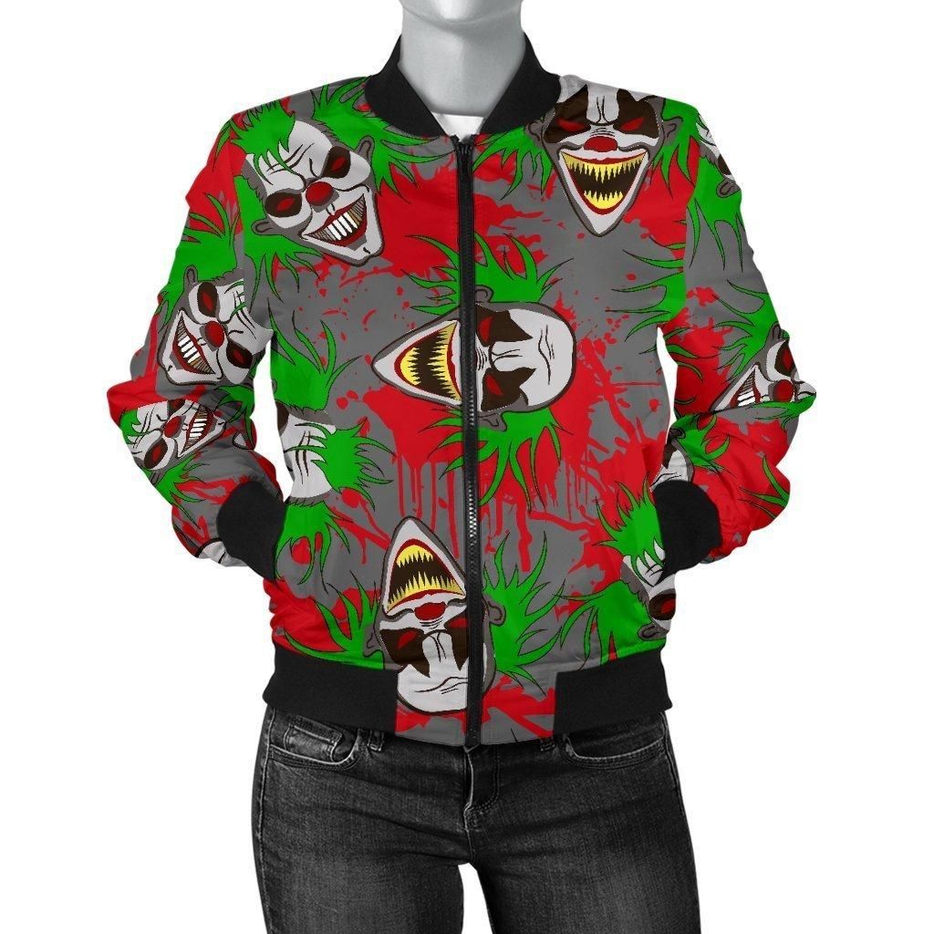 Clown-Scary-Pattern-Print-Women-Casual-Bomber-Jacket-1