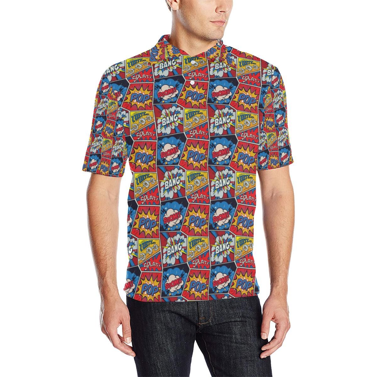 Comic Book Pattern Print Design 03 Men Polo Shirt Comic Book Pattern Print Design 03 Men Polo Shirt