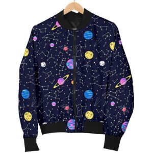 Constellation Planet Print Pattern Women Casual Bomber Jacket