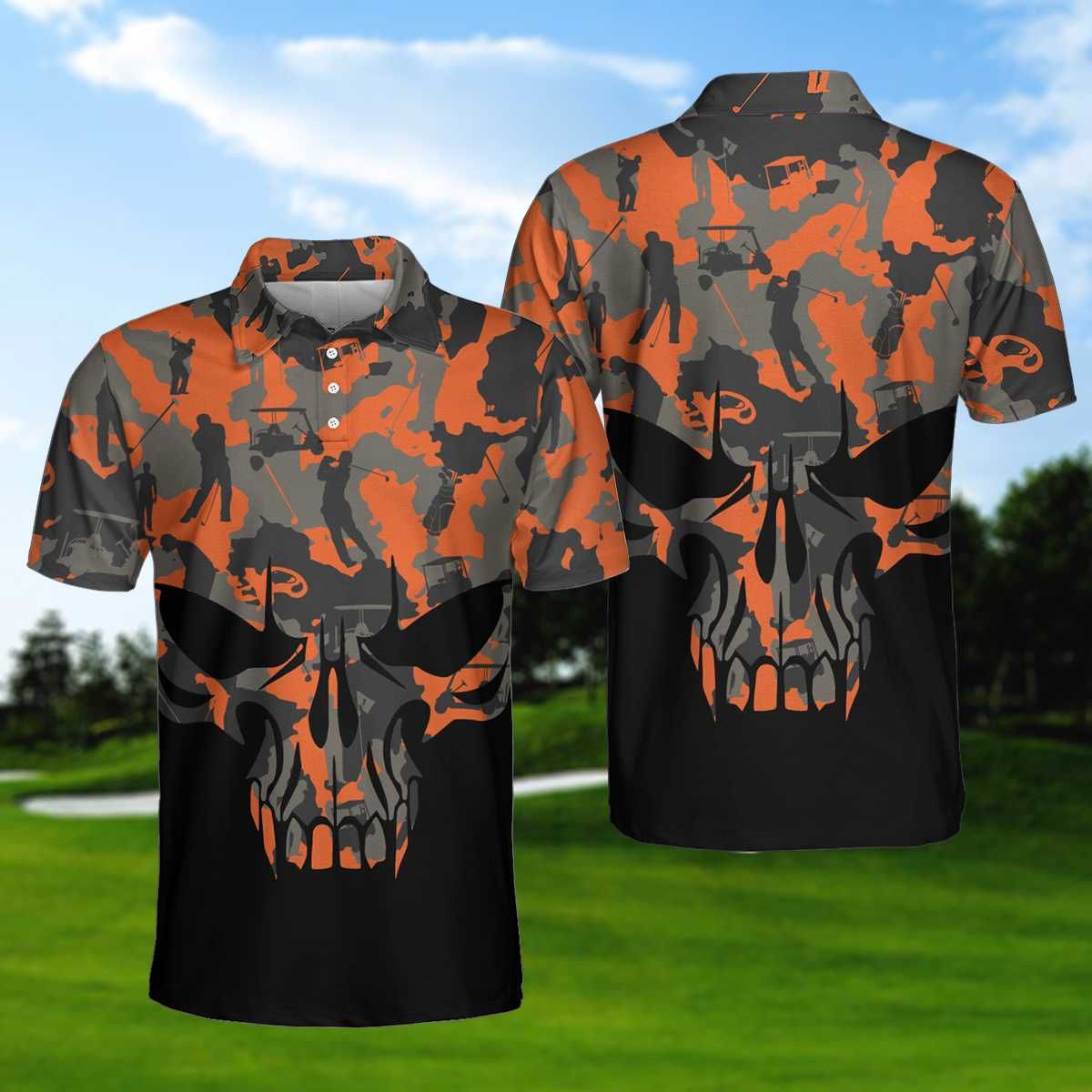 Cool Golf Player Orange Camo Skull Polo Shirt Cool Golf Player Orange Camo Skull Polo Shirt