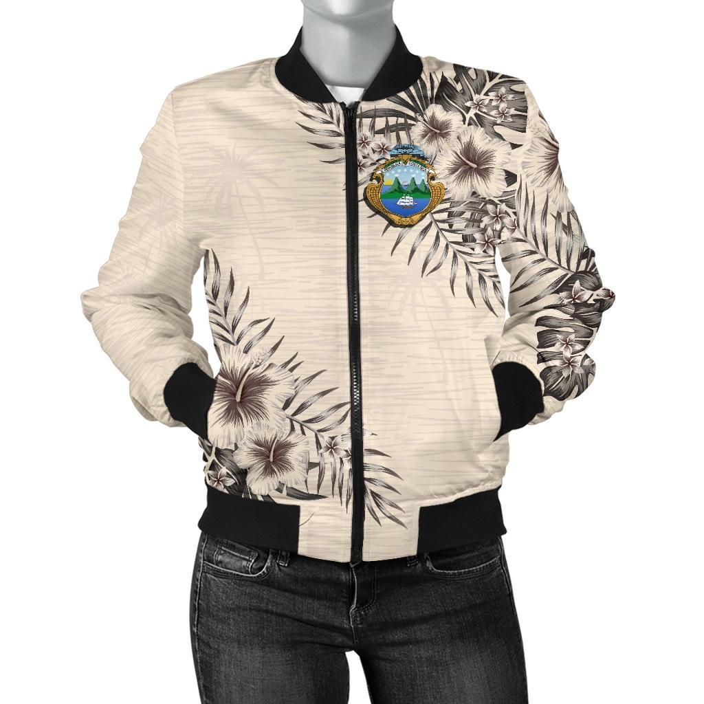 Costa Rica Women's Bomber Jacket - The Beige Hibiscus A7 Bomber Jacket Costa Rica Women's Bomber Jacket - The Beige Hibiscus A7 Bomber Jacket
