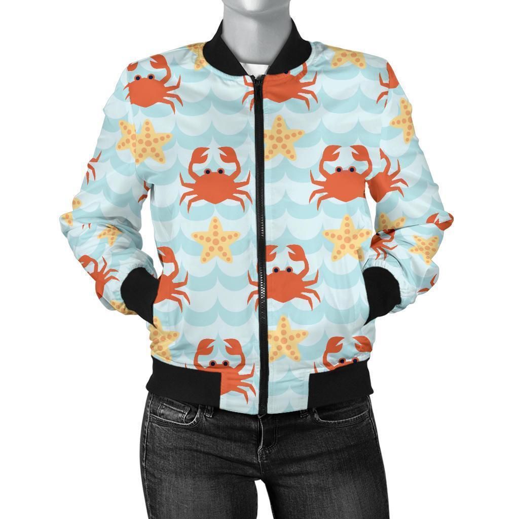 Crab-Starfish-Pattern-Print-Women-Casual-Bomber-Jacket-1