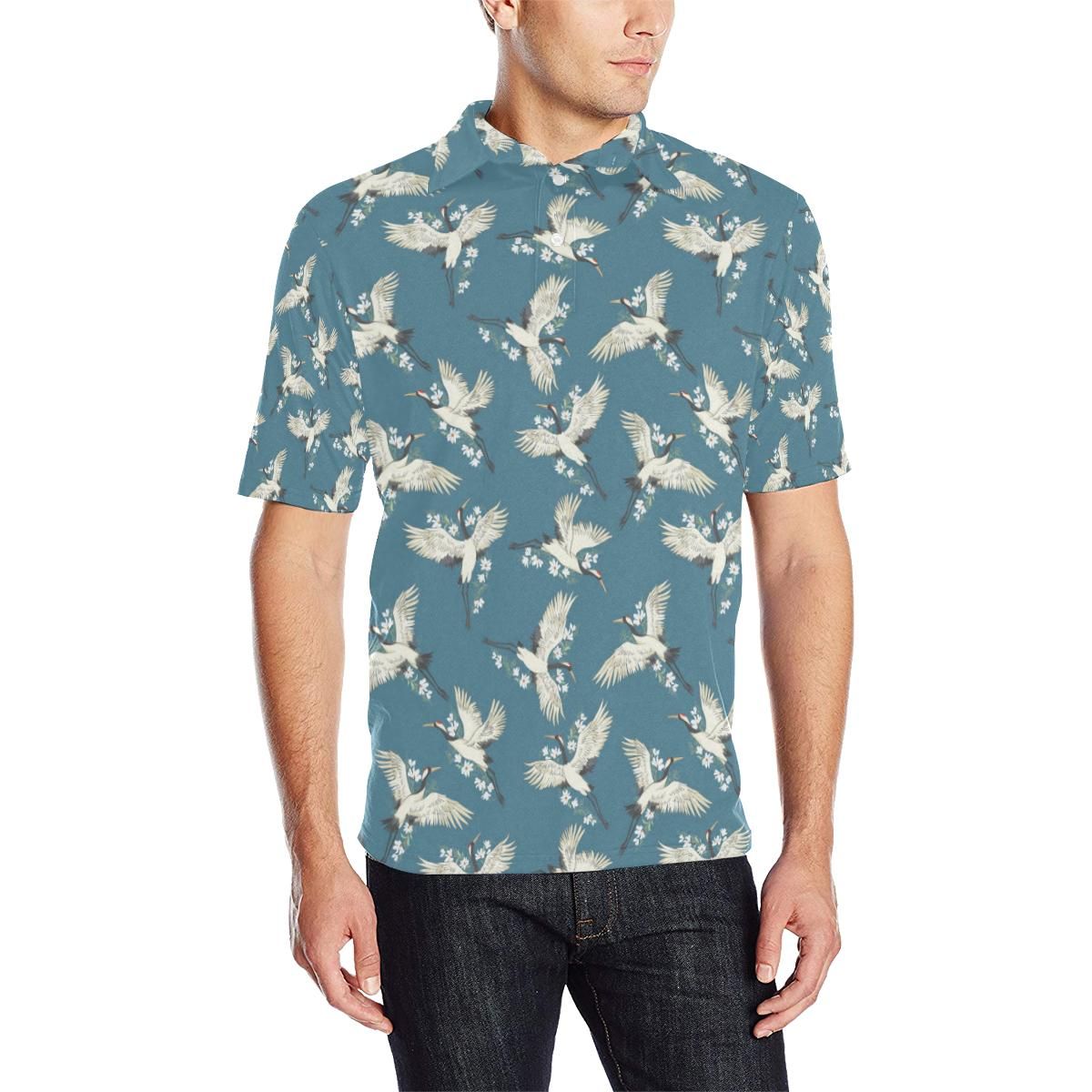 Crane Pattern Print Design 02 Men Polo Shirt Crane Pattern Print Design 02 Men Polo Shirt