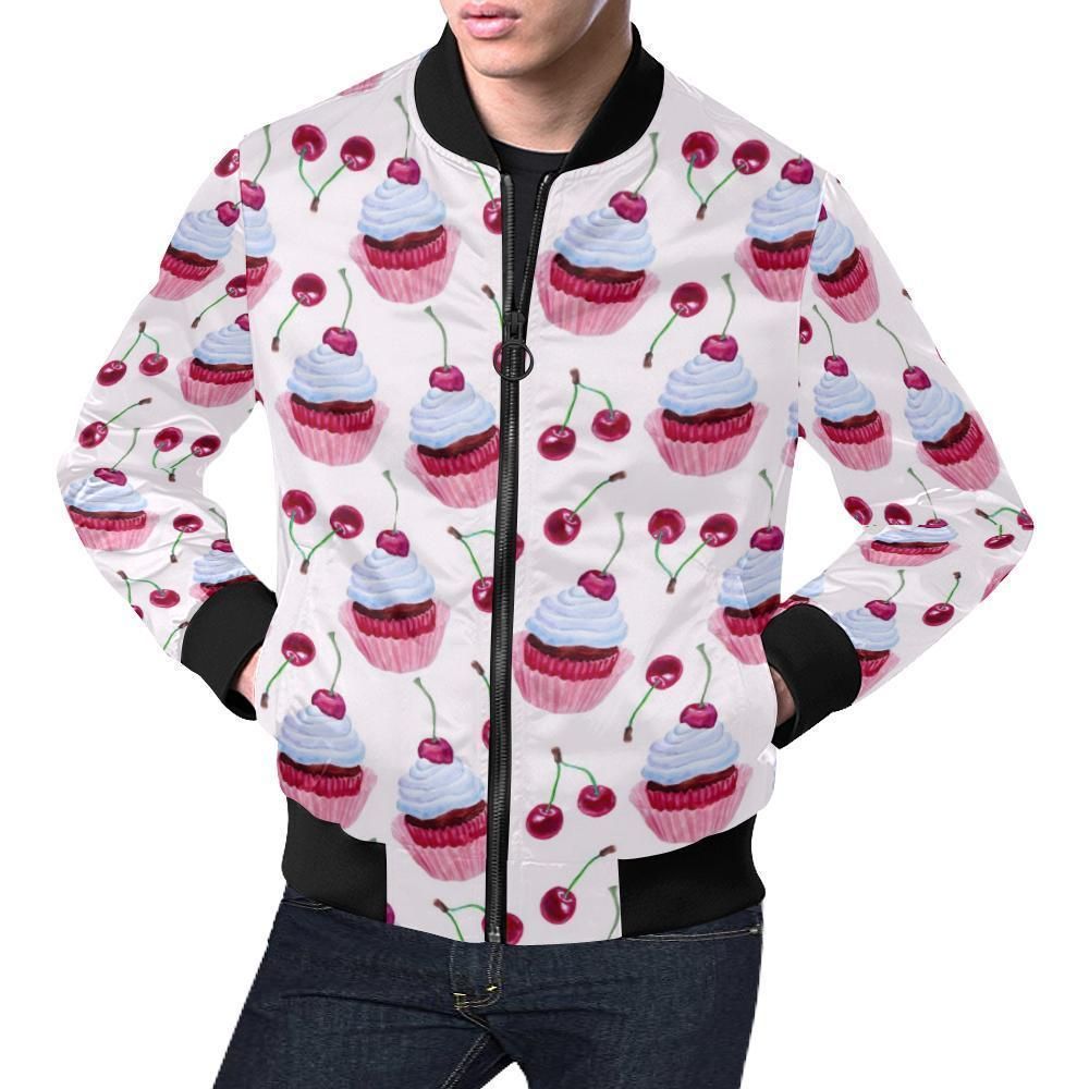 Cupcake Cherry Pattern Print Mens Bomber Jacket Cupcake Cherry Pattern Print Mens Bomber Jacket