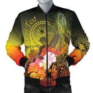 [Custom] Chuuk Men's Bomber Jacket - Humpback Whale with Tropical Flowers (Yellow)- BN18 Bomber Jacket