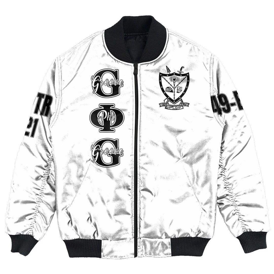 (Custom) Getteestore Jacket - Groove Phi Groove White Bomber Jackets A31 Bomber Jacket (Custom) Getteestore Jacket - Groove Phi Groove White Bomber Jackets A31 Bomber Jacket