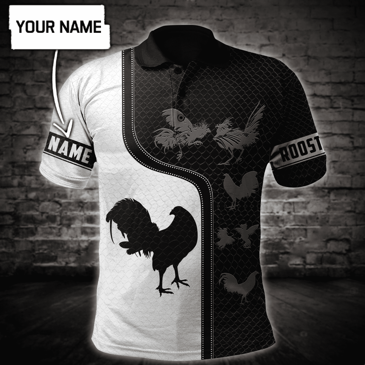 Custom Name B&W Rooster Polo Shirt Custom Name B&W Rooster Polo Shirt