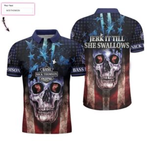 Custom Name Bass Fishing Skull Fisherman American Angler Polo Shirt #V