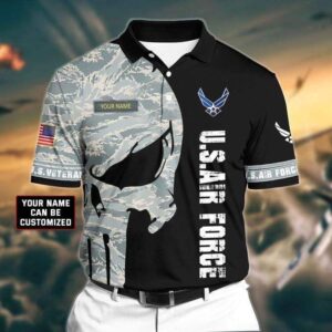 Custom Name Us Air Force Skull Black Camo Pattern Polo Shirt