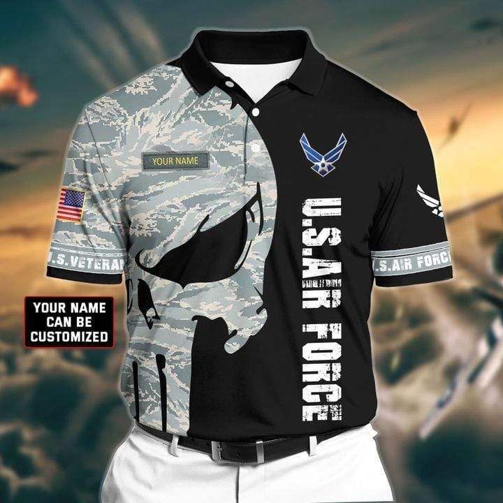 Custom Name Us Air Force Skull Black Camo Pattern Polo Shirt Custom Name Us Air Force Skull Black Camo Pattern Polo Shirt