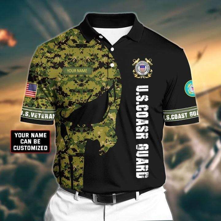 Custom Name Us Coast Guard Skull Black Camo Pattern Polo Shirt Custom Name Us Coast Guard Skull Black Camo Pattern Polo Shirt