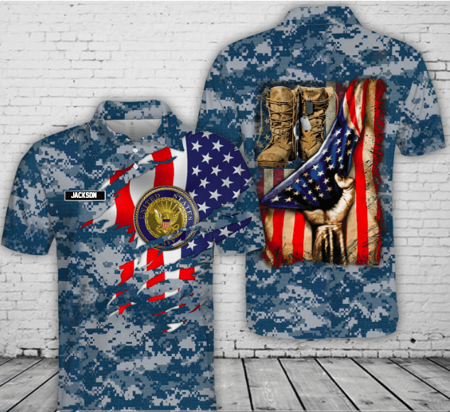 Custom Name Us Navy Military Boots Blue Camo Polo Shirt Custom Name Us Navy Military Boots Blue Camo Polo Shirt