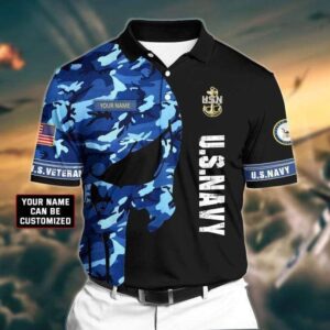 Custom Name Us Navy Skull Black Camo Pattern Polo Shirt