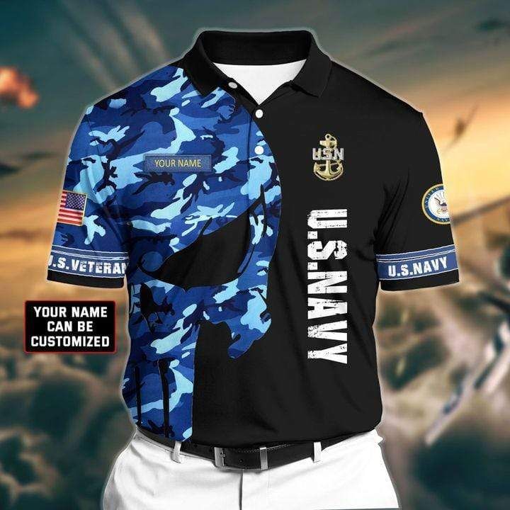 Custom Name Us Navy Skull Black Camo Pattern Polo Shirt Custom Name Us Navy Skull Black Camo Pattern Polo Shirt