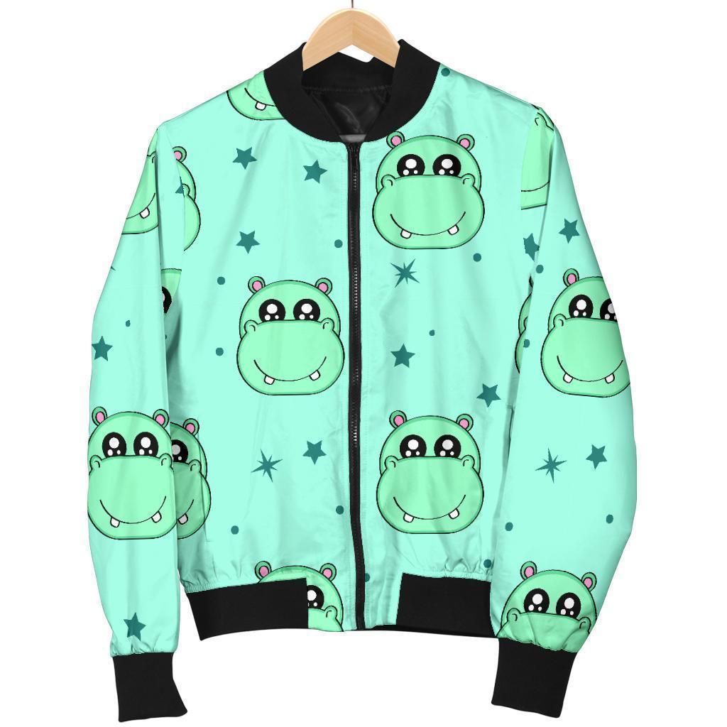 Cute Hippo Pattern Print Women Casual Bomber Jacket Cute Hippo Pattern Print Women Casual Bomber Jacket