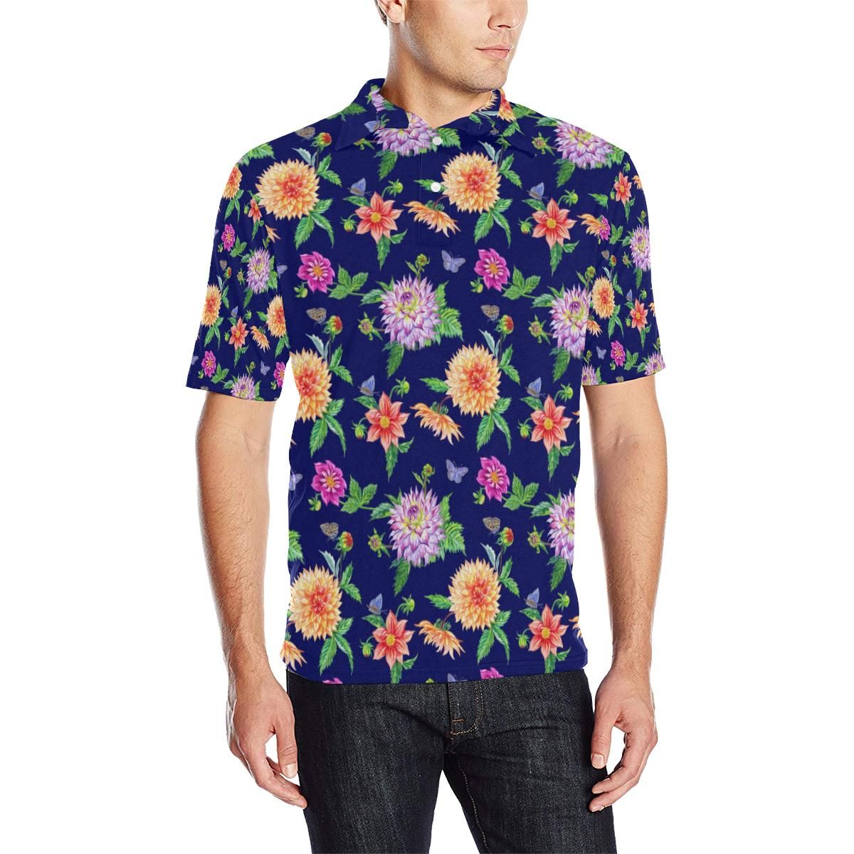 Dahlia Pattern Print Design Dh010 Men Polo Shirt Dahlia Pattern Print Design Dh010 Men Polo Shirt
