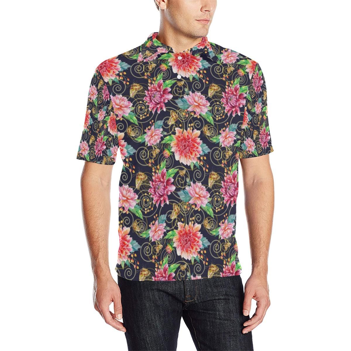 Dahlia Pattern Print Design Dh02 Men Polo Shirt Dahlia Pattern Print Design Dh02 Men Polo Shirt