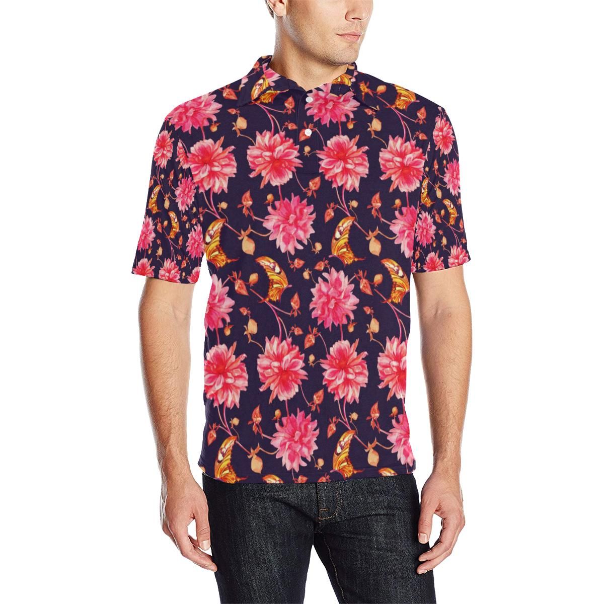 Dahlia Pattern Print Design Dh03 Men Polo Shirt Dahlia Pattern Print Design Dh03 Men Polo Shirt