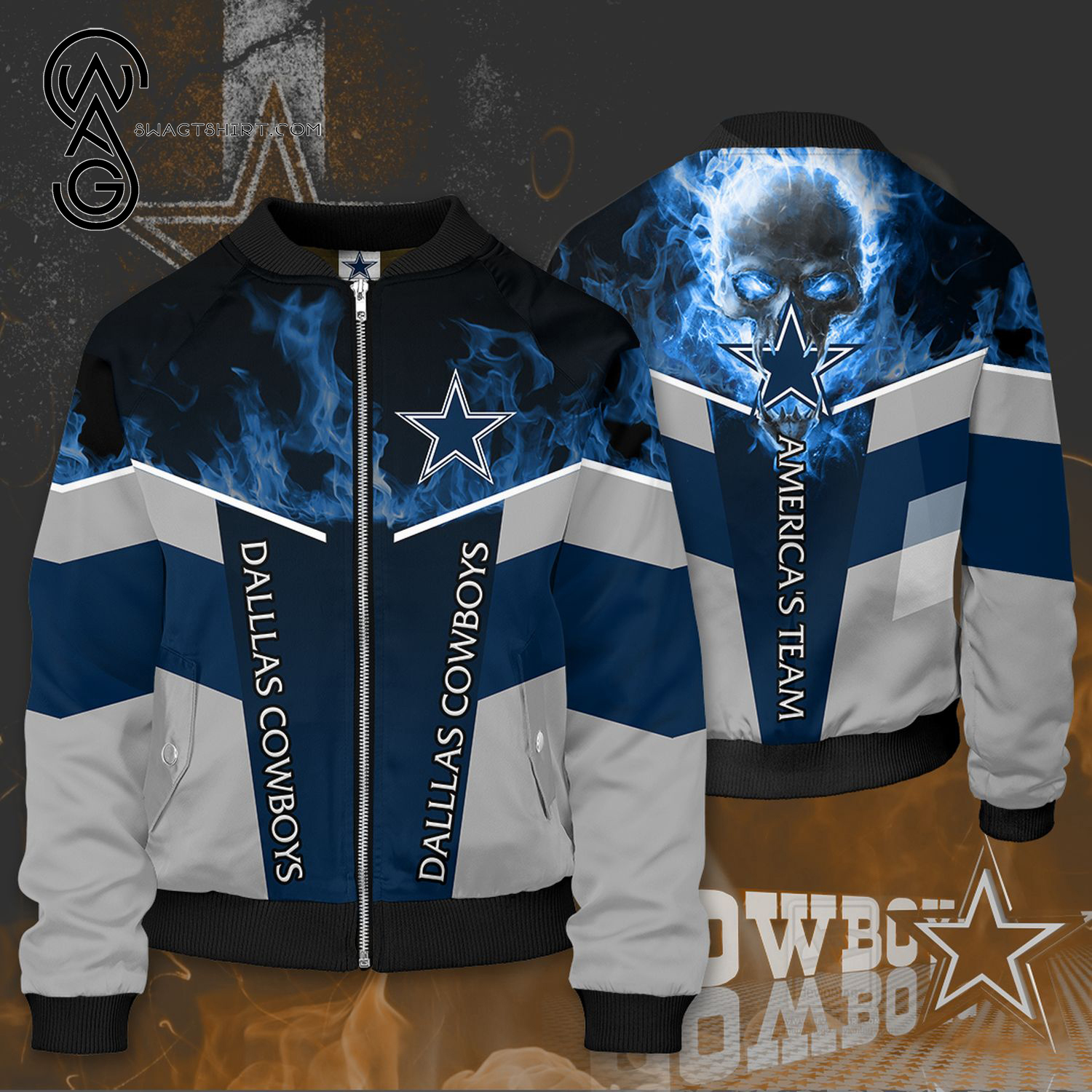 Dallas Cowboys Skull All Over Printed Bomber Jacket Dallas Cowboys Skull All Over Printed Bomber Jacket