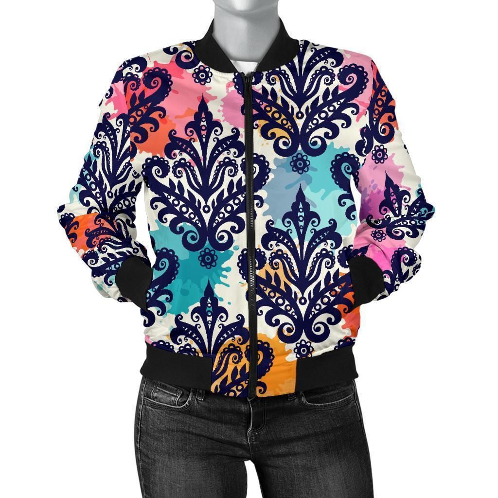 Damask-Colorful-Pattern-Print-Women-Casual-Bomber-Jacket-1