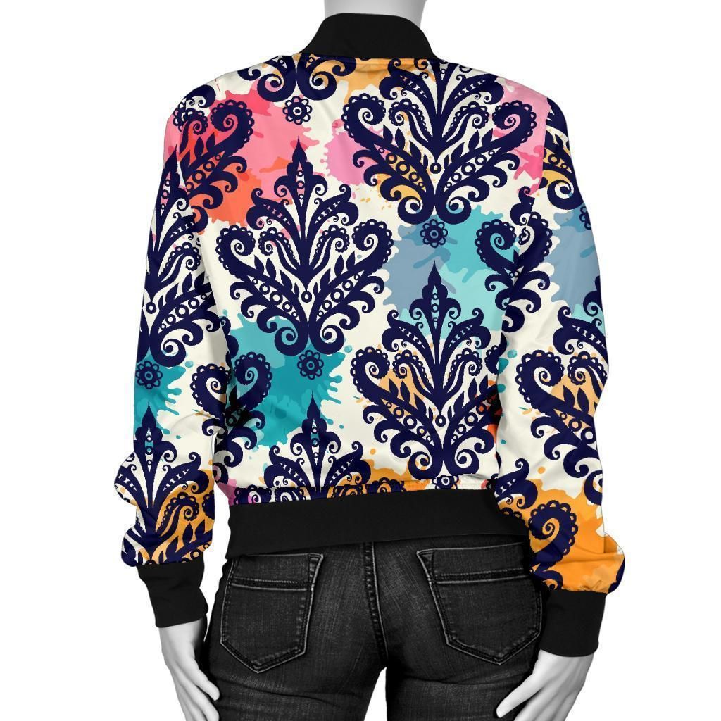 Damask-Colorful-Pattern-Print-Women-Casual-Bomber-Jacket-2