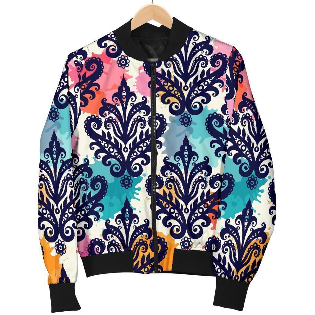 Damask Colorful Pattern Print Women Casual Bomber Jacket Damask Colorful Pattern Print Women Casual Bomber Jacket