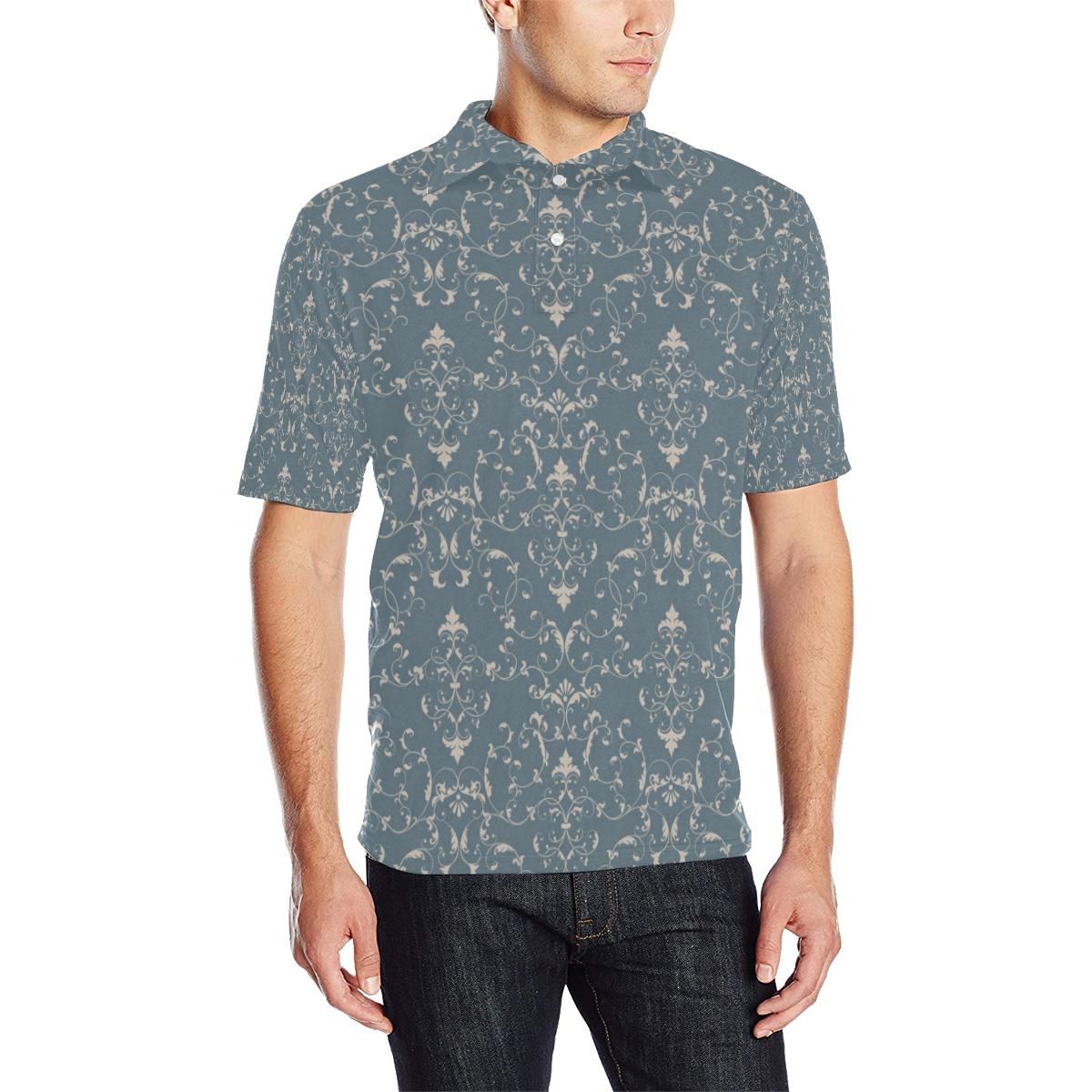 Damask Elegant Teal Print Pattern Men Polo Shirt Damask Elegant Teal Print Pattern Men Polo Shirt