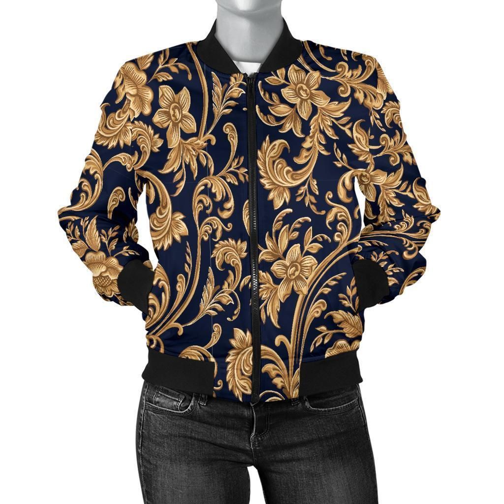 Damask-Gold-Pattern-Print-Women-Casual-Bomber-Jacket-1