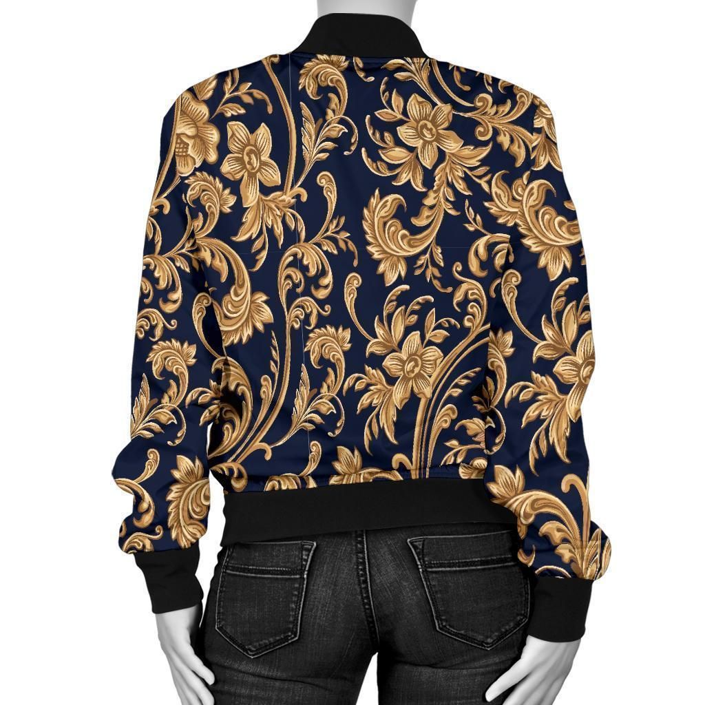Damask-Gold-Pattern-Print-Women-Casual-Bomber-Jacket-2
