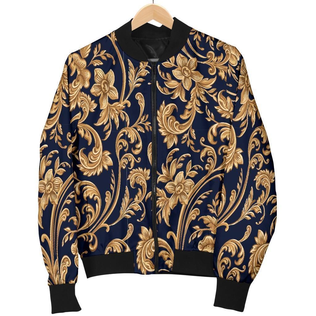 Damask Gold Pattern Print Women Casual Bomber Jacket Damask Gold Pattern Print Women Casual Bomber Jacket