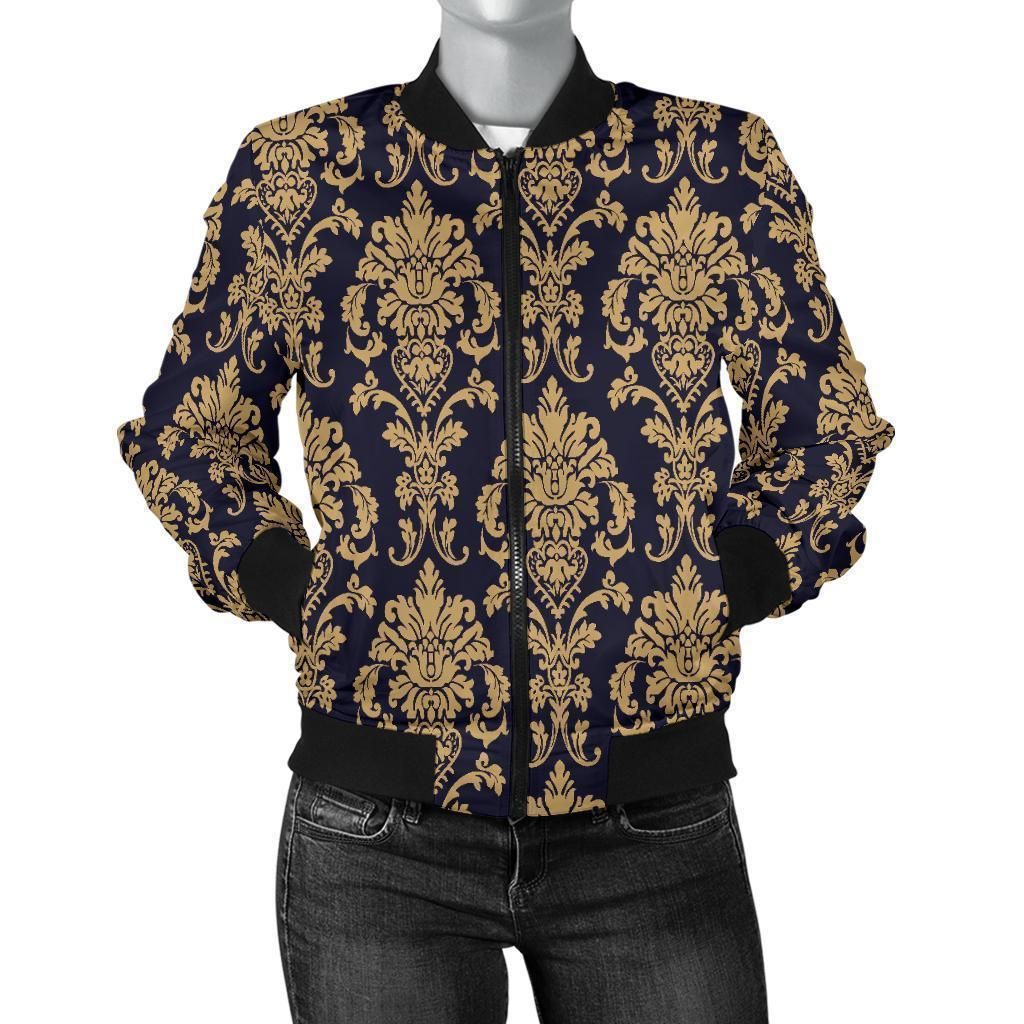 Damask-Gold-Print-Pattern-Women-Casual-Bomber-Jacket-1