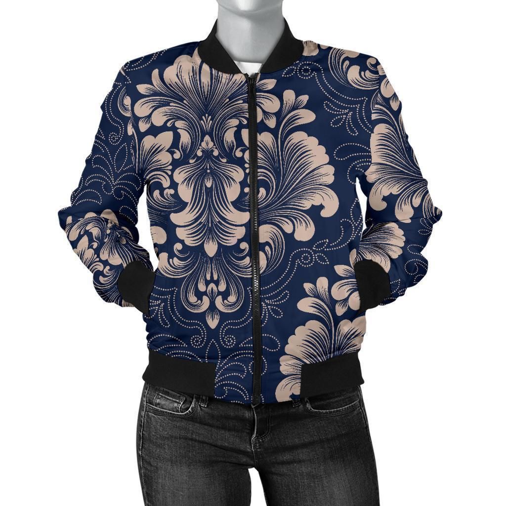 Damask-Pattern-Print-Women-Casual-Bomber-Jacket-1