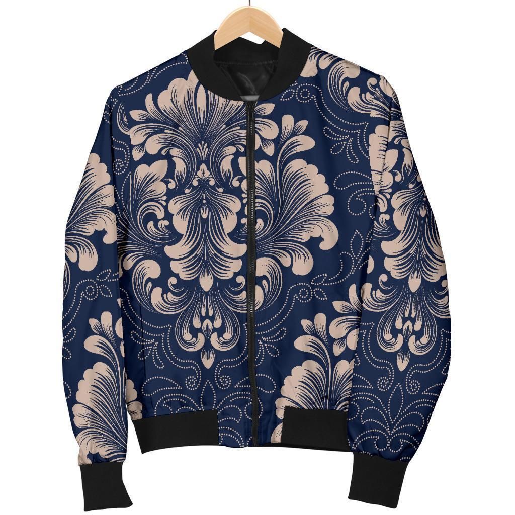 Damask Pattern Print Women Casual Bomber Jacket Damask Pattern Print Women Casual Bomber Jacket