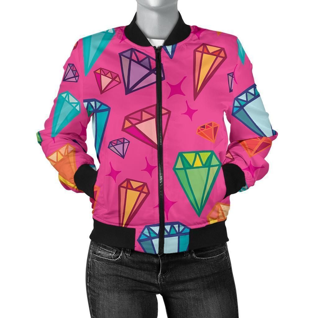 Diamond-Colorful-Pattern-Print-Women-Casual-Bomber-Jacket-1