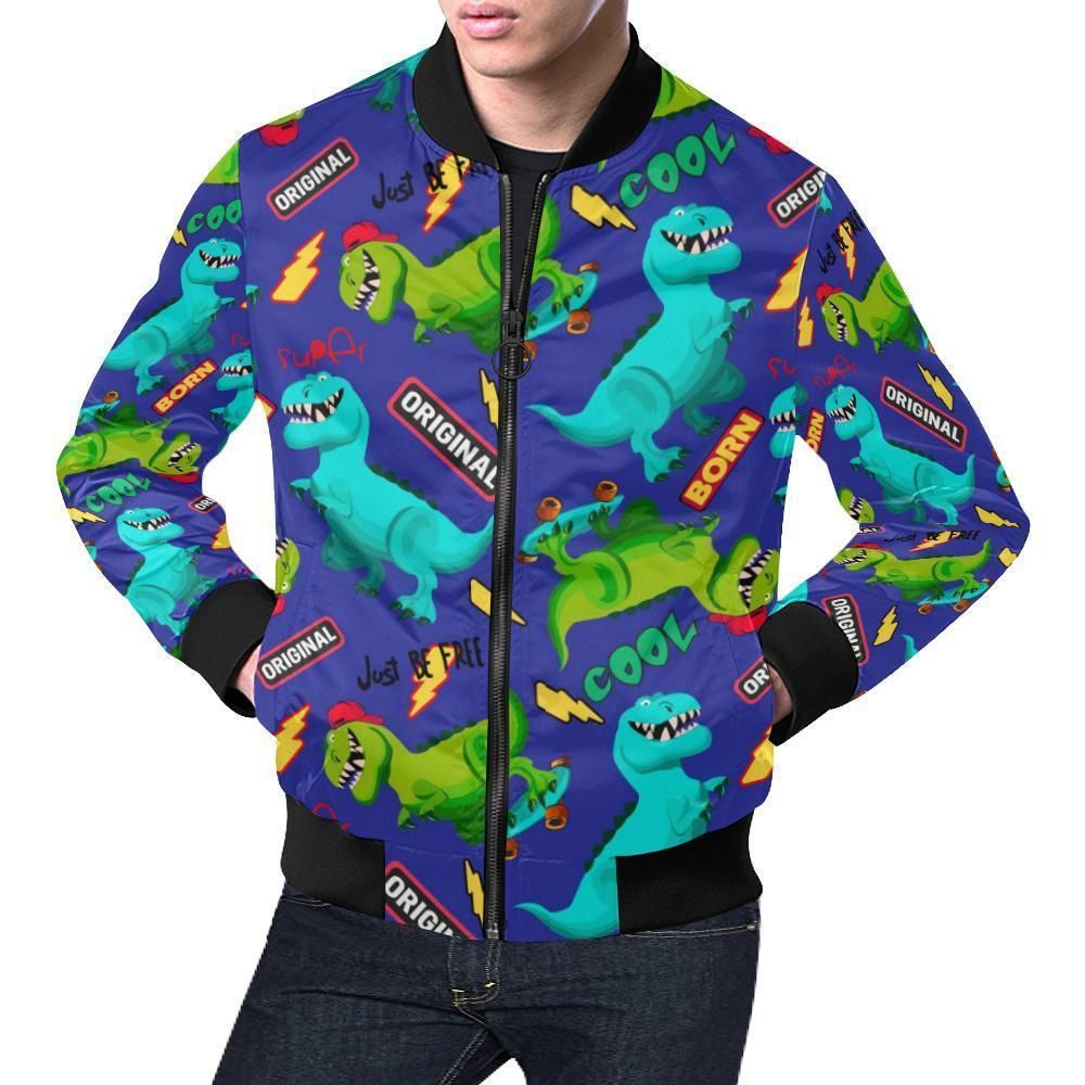 Dino Dinosaur Cartoon Pattern Print Mens Bomber Jacket Dino Dinosaur Cartoon Pattern Print Mens Bomber Jacket