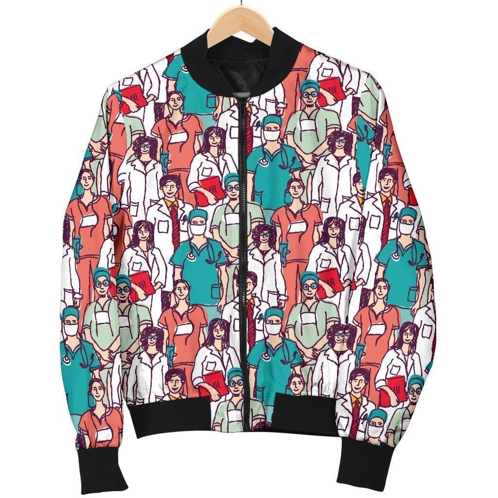 Docter Nurse Pattern Print Women Casual Bomber Jacket Docter Nurse Pattern Print Women Casual Bomber Jacket