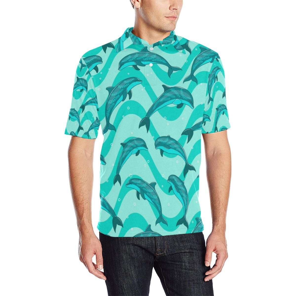Dolphin Wave Print Men Polo Shirt Dolphin Wave Print Men Polo Shirt