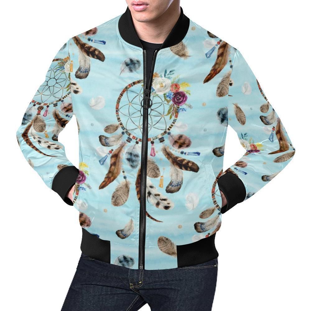 Dream Catcher Blue Feather Pattern Print Mens Bomber Jacket Dream Catcher Blue Feather Pattern Print Mens Bomber Jacket