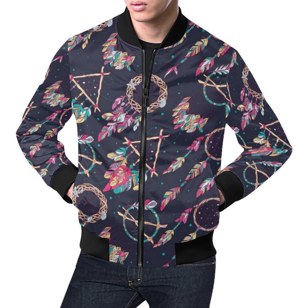 Dream Catcher Boho Feather Pattern Print Mens Bomber Jacket Dream Catcher Boho Feather Pattern Print Mens Bomber Jacket