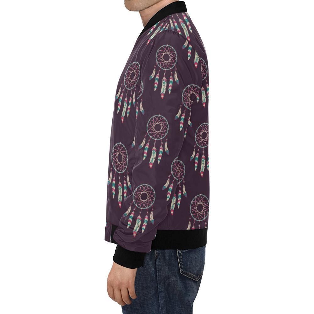 Dream-Catcher-Purple-Feather-Pattern-Print-Mens-Bomber-Jacket-1