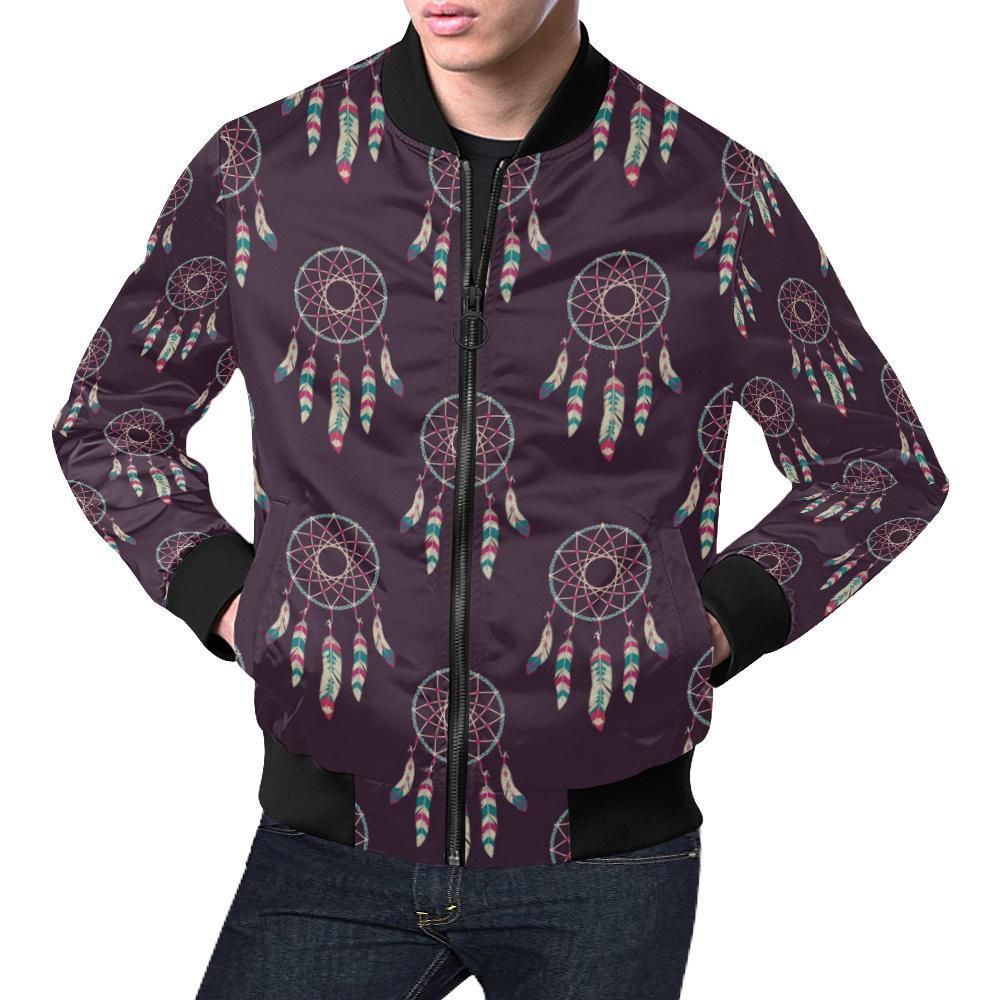 Dream Catcher Purple Feather Pattern Print Mens Bomber Jacket Dream Catcher Purple Feather Pattern Print Mens Bomber Jacket