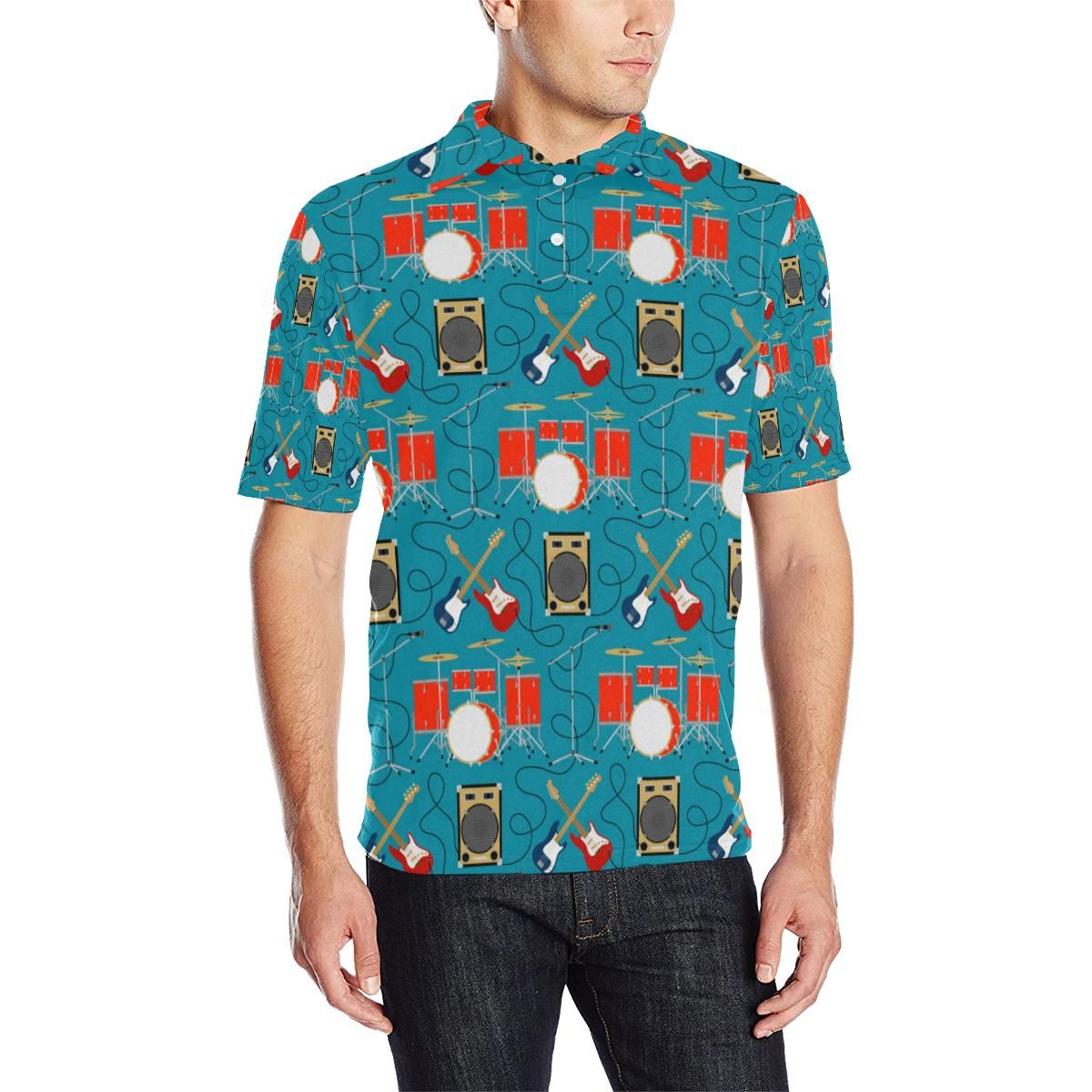 Drum Set Guitar Pattern Print Design 02 Men Polo Shirt Drum Set Guitar Pattern Print Design 02 Men Polo Shirt