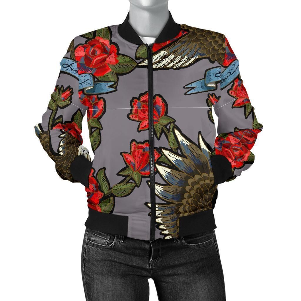 Eagle-Rose-Pattern-Print-Women-Casual-Bomber-Jacket-1