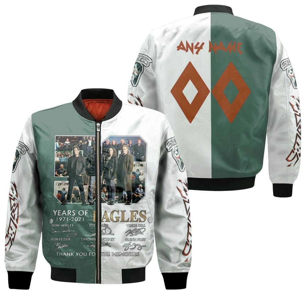 Eagles 50 Years Of Eagles 1971 2021 Thank You For The Memories 3D Designed Allover Gift With Custom Name Number For Eagles Fans Bomber Jacket Eagles 50 Years Of Eagles 1971 2021 Thank You For The Memories 3D Designed Allover Gift With Custom Name Number For Eagles Fans Bomber Jacket