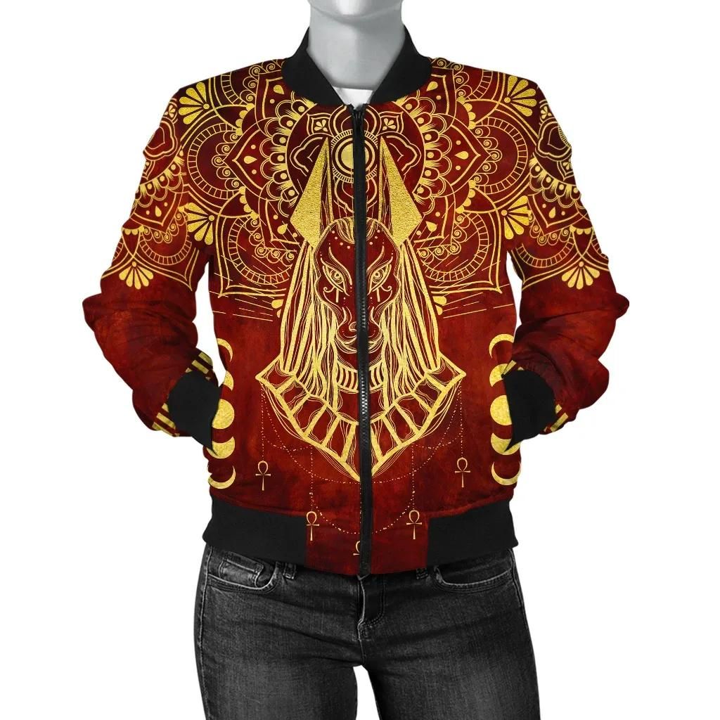 Egypt Bomber Jacket - Egyptian Anubis Pattern Women Red A10 Bomber Jacket Egypt Bomber Jacket - Egyptian Anubis Pattern Women Red A10 Bomber Jacket