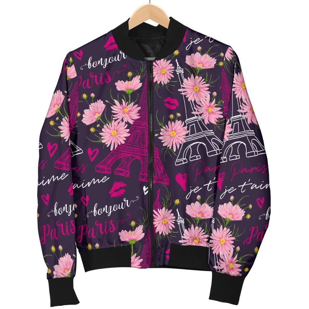 Eiffel Tower Floral Pattern Print Women Casual Bomber Jacket Eiffel Tower Floral Pattern Print Women Casual Bomber Jacket